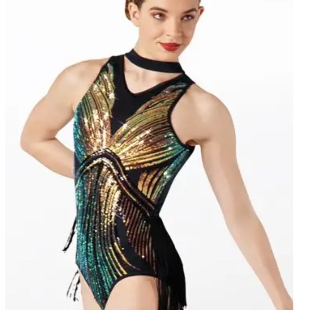 Weissman Black and Gold Sequin FRINGE Dance Costume The Goddess Way SA JAZZ